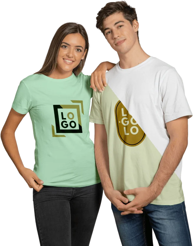 Two people wearing custom printed shirts