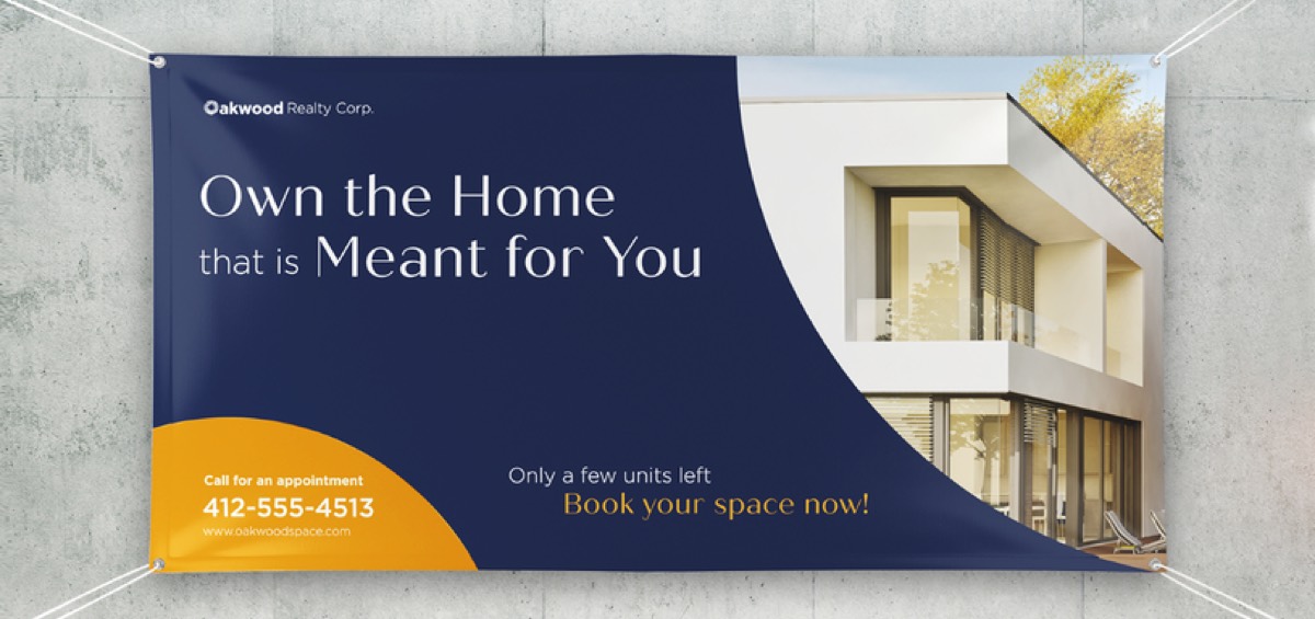 Custom printed banner on a house